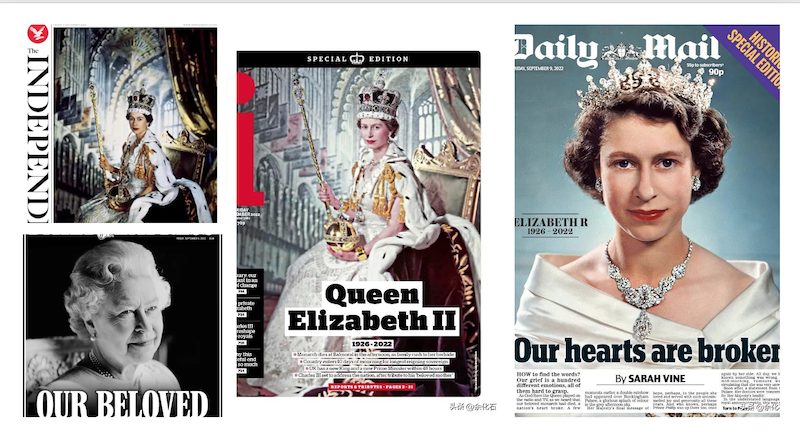 英國女王伊麗莎白二世去世後，今天英國報紙上的頭條新聞封面是這樣的